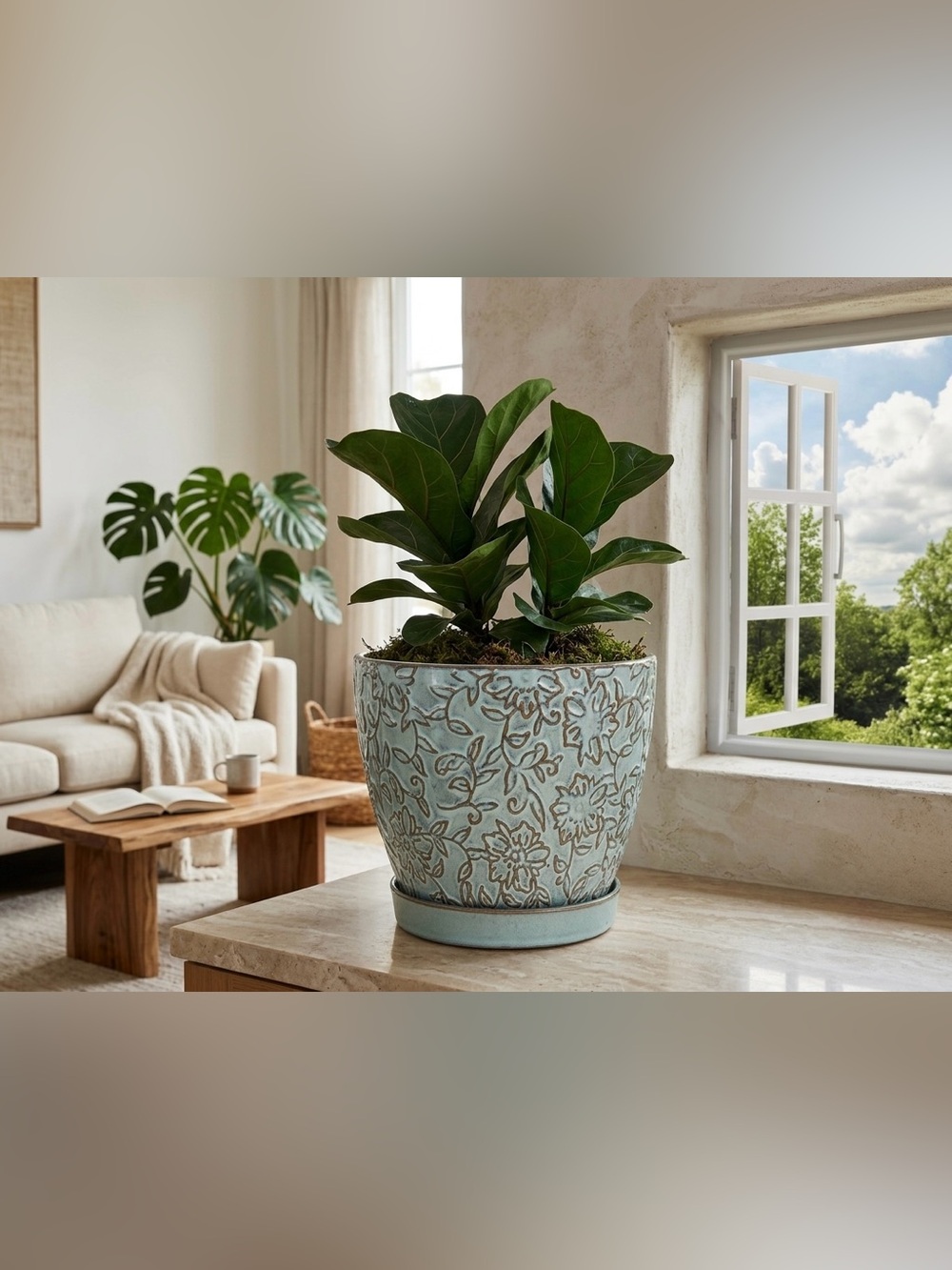 Light Blue Ceramic Floral Planter with Saucer & Drainage Hole